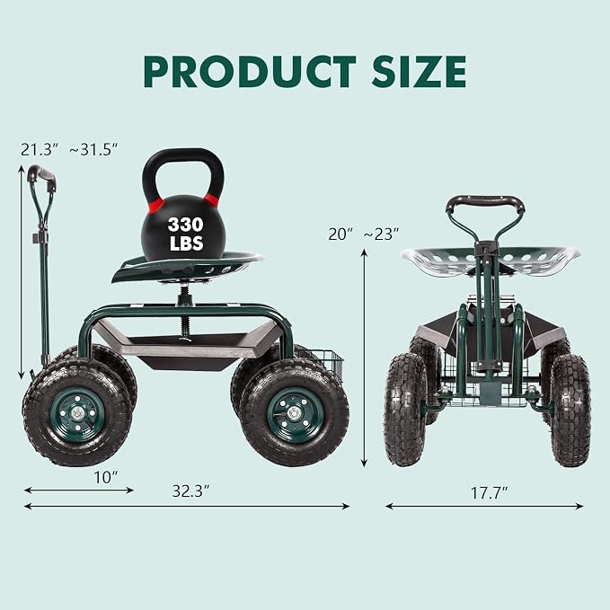 KINTNESS Garden Cart Seat Rolling Scooter Wagon with Extendable Steering Handle Swivel Seat & Utility Basket...(Green