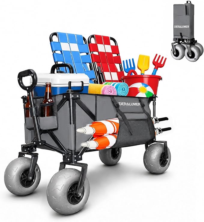 X800 Heavy Duty Beach Wagon with 9x4 Balloon Wheels – 200L Foldable Wagon Cart, 41" Collapsible Utility Wagon with Side Bag for Beach Essentials, Sports, Camping & Outdoor (Charcoal Gray)