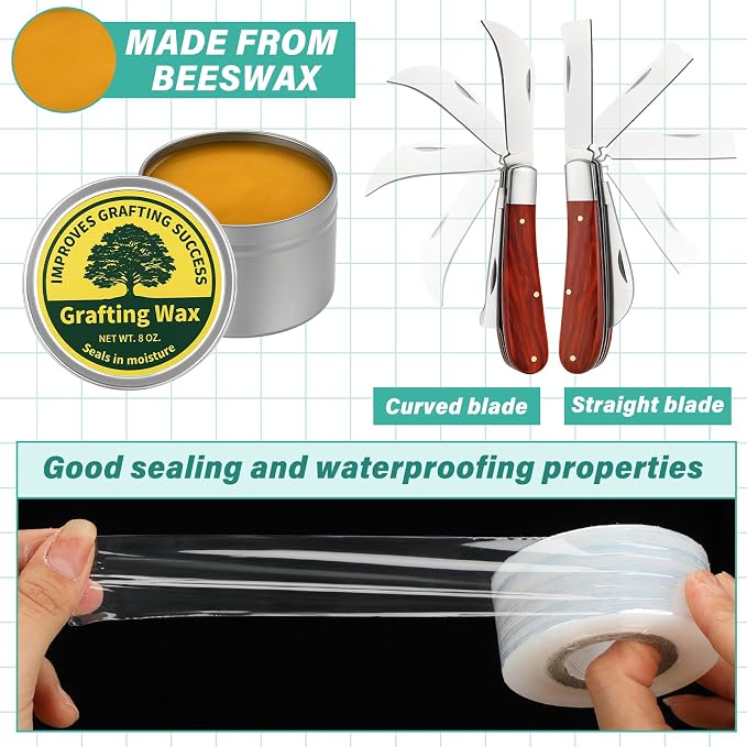 Grafting Kit 8 Oz Grafting Wax 2-5/8" Curved Straight Blades Garden Knife 3 Tape 12 Plant Labels for Successful Floral Fruit Tree