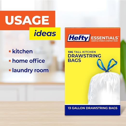 Hefty Essentials Drawstring 13 Gallon Kitchen Trash Bags, Tall Unscented Trash Bags for Kitchens, Home Offices, or Laundry Rooms, Easy to Tie, Lift, and Carry, White (Pack of 270)