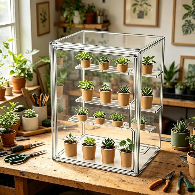 Mini Greenhouse Indoor, Clear Small Green House with Magnetic Door, Stackable Succulent Seed Starting Kit Children Nature Observation Station