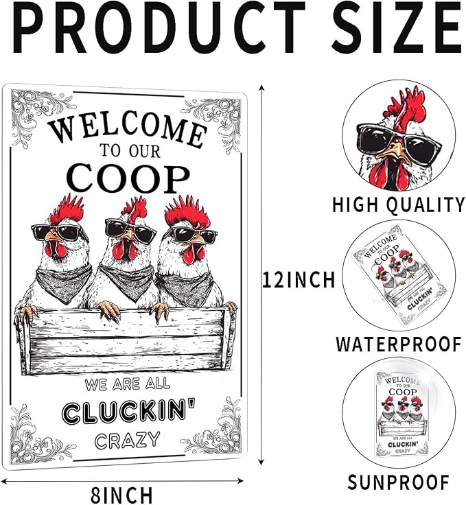 Metal Sign Welcome To Our Coop Sign Funny Chicken Tin Sign Aluminum Sign Wall Decor for Chicken Coop Farmhouse Kitchen Outdoor Home 12×8 Inch