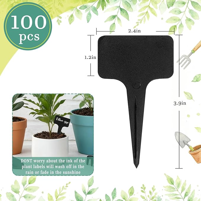 Whaline 100 Pcs Plastic Plant Labels Black T-Type Garden Stake Tags Waterproof Plant Markers Reusable Plants Signs for Outdoor Indoor Nursery Potted Plants Seed with A White Marker Pen (6 x 10 cm)
