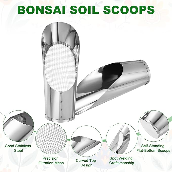 M METERXITY 1-Set Bonsai Soil Scoops, 2.8inch/7.2cm Stainless Steel Garden Soil Scoop Bucket Shovels and Soil Sifter for Transplanting/Flower Planting, Small Gardening Tool [Silver Tone]