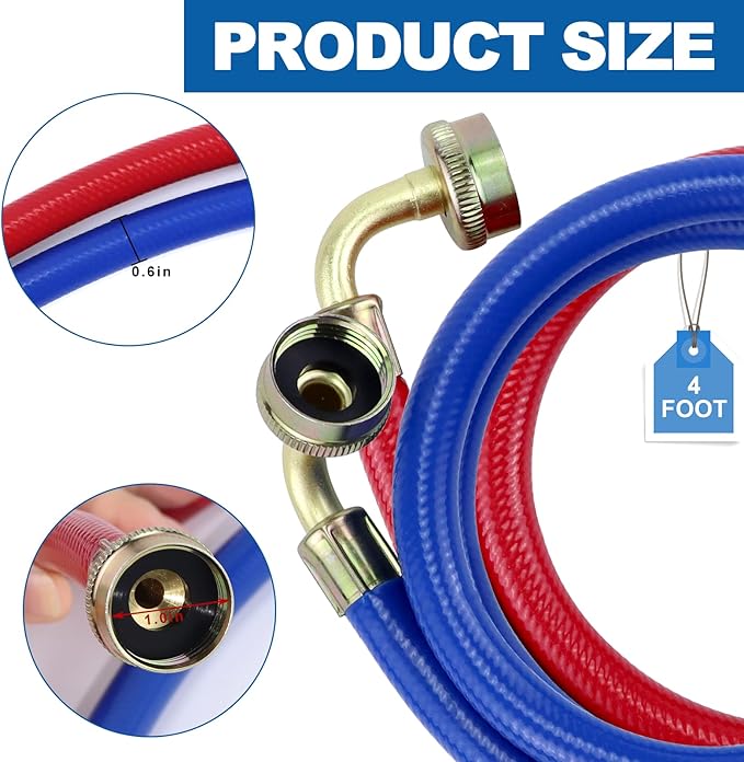 Rubber Washing Machine Hoses With Elbow 4FT,Washing Machine Elbow Hose with 3/4" Connection Supply for Hot and Cold Water Washer Hoses (2 Packs),Universal Fit for All Standard Wash Machines-by MIFLUS