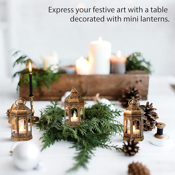 Mini Moroccan Lanterns with LED Tealight Set of 12, Vintage Brown Decorative Hanging Lanterns for Ramadan, Christmas, Halloween, Wedding, Fairy Party Decorations, Table Centerpiece