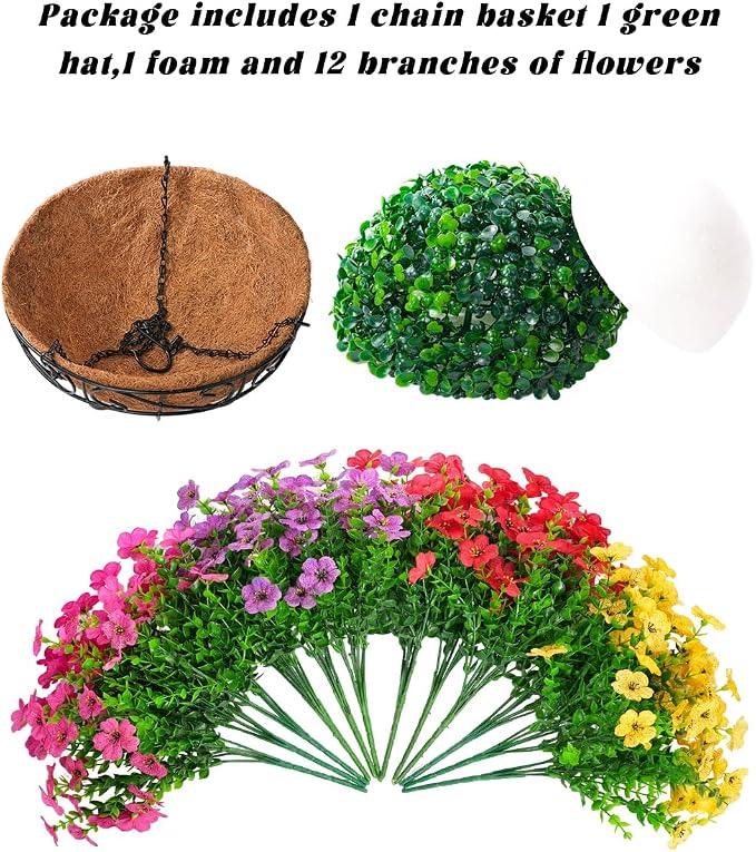 TDHDIKE Artificial Faux Fake Hanging Flowers Plants Basket for Summer Outdoor Outside Decoration UV Resistant Fake Silk Colorful Daisy Eucalyptus for Porch Patio Balcony Yard Garden Home