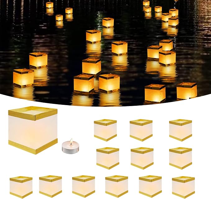 20Pack Paper Floating Water Lanterns,Gold+White Square Memorial Candle Lantern,Table Lanterns Decorative Outdoor for Weeding,Lawn,Pool,Wishing (20Pack Paper Lanterns with Candles)