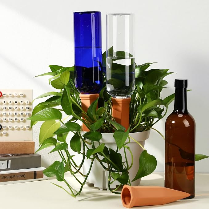 SiliFine 3 Sets Plant Watering Devices Include Terracotta Self Watering Spikes and 26 oz Plastic Bottles, Slow Release Vacation Insert Automatic Plant Waterer Device (Blue Clear Brown and Terracotta)