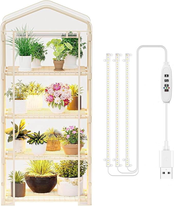 SPECILITE Indoor Greenhouse with Grow Lights - Adjustable 4 Tiers 27.6"L×19.3"W×61.4"H Mini Greenhouse with Zip PVC Cover and 45W Plant Light, Portable Green House with Timer for Winter &Indoor Plants