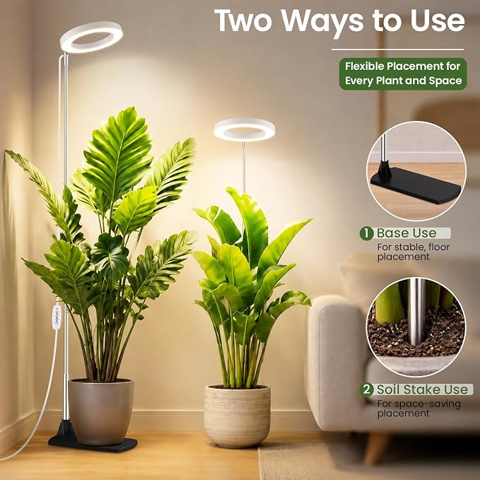 LBW Grow Lights for Indoor Plants, 6.3" Full Spectrum Plant Light with Base, 59" Height Adjustable Grow Lamp, 6/8/12/16H Auto Timer, 3 Light Colors, 5 Dimmable Levels, for Tall Large Plants, White