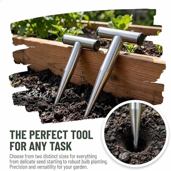 Heavy Duty Stainless Steel Garden Hand Dibber Tool, Hand Dibber, Seed Dibbers, Seed Planter for Tulips and Daffodils, T-Handle Hole Digger to Sow Bulbs, Ideal Gift for Gardeners (Small)