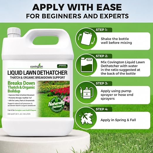 Covington Liquid Lawn Dethatcher (32oz) – Liquid Aerator Concentrate & Humic Thatch Remover, Soil Softener & Grass Thatch Buster for Lawns & Gardens – Kids & Pet Safe, Made in USA