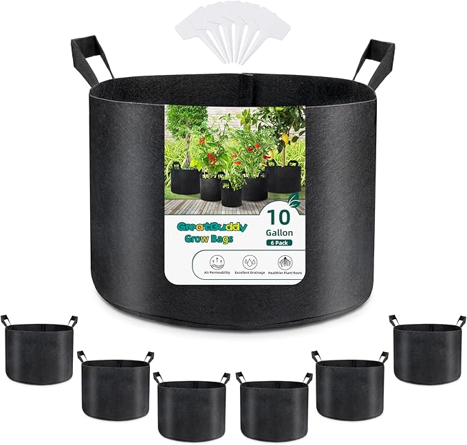 GreatBuddy Grow Bags 10 Gallon 6-Pack, Heavy Duty Fabric Grow Bags with Handles for Vegetables, Herbs, and Tomatoes, Fabric Pots & Planting Bags for Outdoor Home Gardening