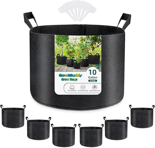 GreatBuddy Grow Bags 10 Gallon 6-Pack, Heavy Duty Fabric Grow Bags with Handles for Vegetables, Herbs, and Tomatoes, Fabric Pots & Planting Bags for Outdoor Home Gardening