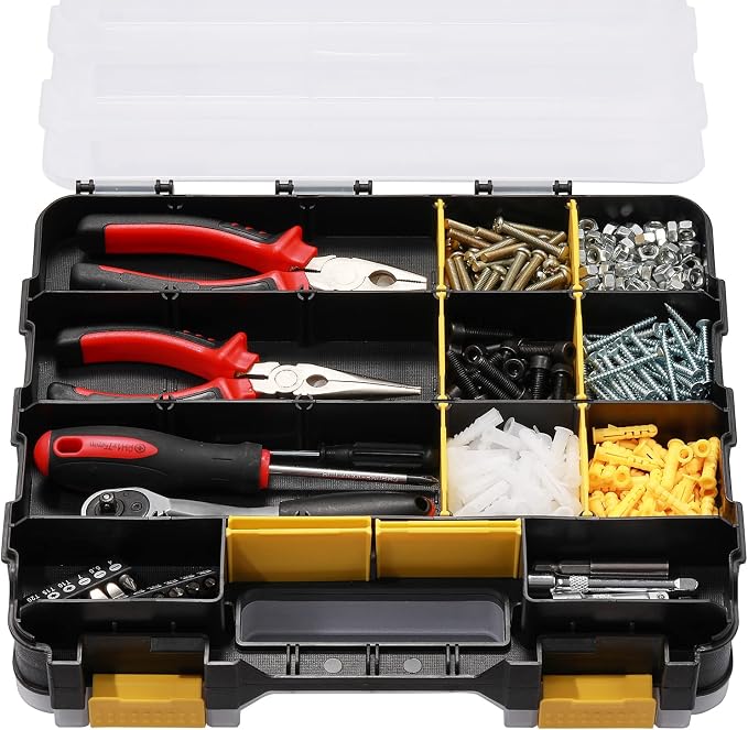Mayouko Double Side Tools Organizer, Customizable Removable Plastic Dividers, Hardware Box Storage, Small Parts Organizer, 34-Compartment, Black/Yellow