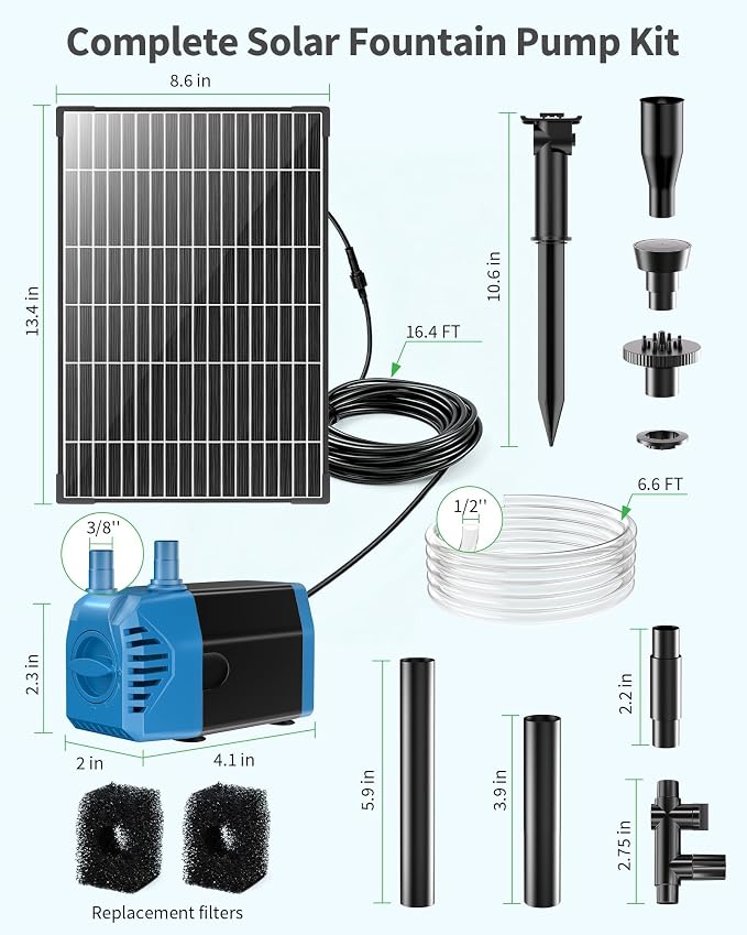 POPOSOAP 12W Solar Water Fountain Pump, 160GPH Submersible Solar Pump with 4 Nozzles & 16.4FT Cable, Dry Run Protection Solar Pond Pump for Bird Bath, Garden Pond, Fish Tank, DIY Water Feature-P112L