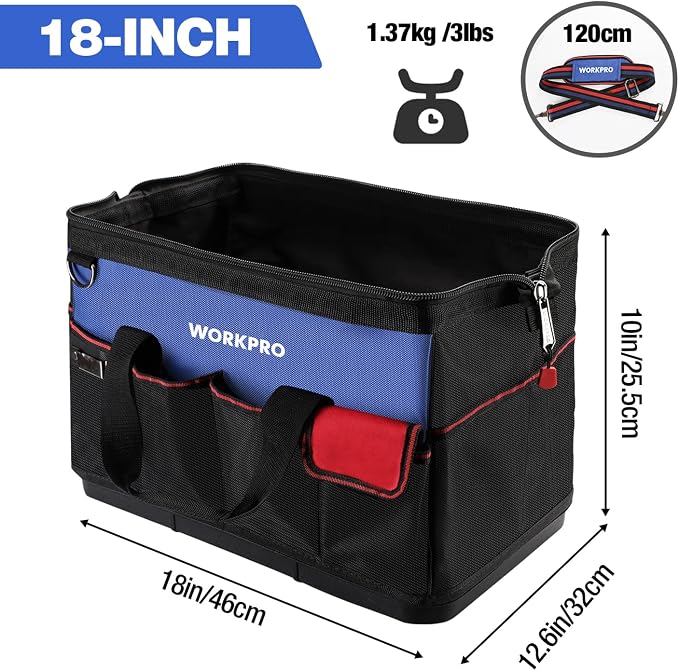 WORKPRO Tool Bag, 18 Inch Tool Bag with Waterproof Molded Base, Open Top Tool Organizer Bag with 20 Pockets, Adjustable Shoulder Strap