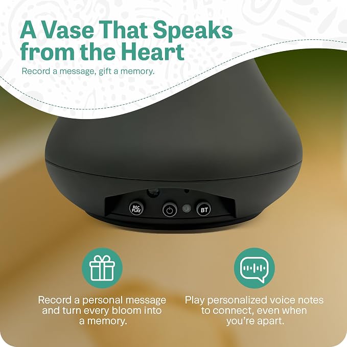 Interactive Robotic Charcoal Black Vase for Flower Bouquets | Bluetooth Capable, Touch Sensitive Floral Holder | Record a Message for Mother's Day, Birthdays, Anniversaries | 6x9 Inches