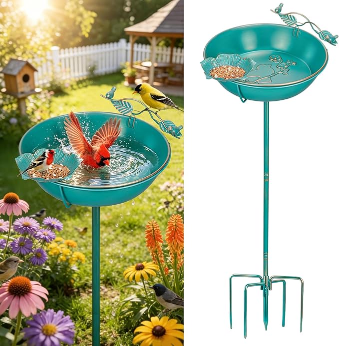 Mellbree Metal Bird Bath for Outside, 13" Dia 39" H Lake Blue with Gold Gilding, Freestanding with Perch & Feeder Bowl, Multi-Functional for Garden Patio Yard Lawn Outdoor Decor