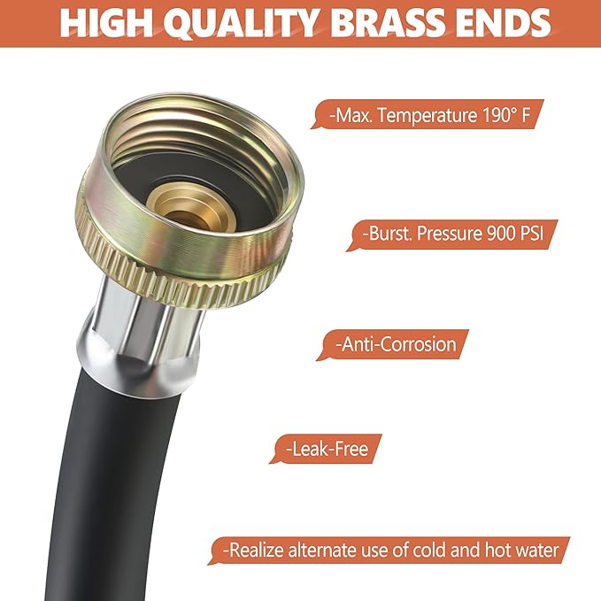 Dreyoo Rubber Washing Machine Y Hose, 3/4 Inch Brass Fittings, 1 ft (12 Inch) Length Hot and Cold Water Supply Y Mixer Hose Connector for Washing Machines Outdoor Garden Faucets(Black,1 Pcs)