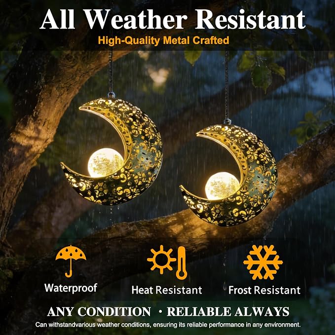 Solar Garden Hanging Moon Lights Outdoor Decor,2 Pack Metal Lanterns Art Decorations for Outside Yard Lawn Patio Wall Fences Driveway Trail,Unique Housewarming Gardening Gifts for Women Mom