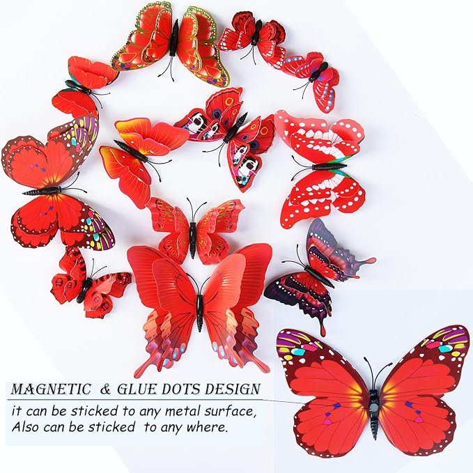 OPSEAM Butterfly Wall Decor 24/48 PCS, 3D Butterflies Stickers for Party Decorations with Magnets (Red, 48)