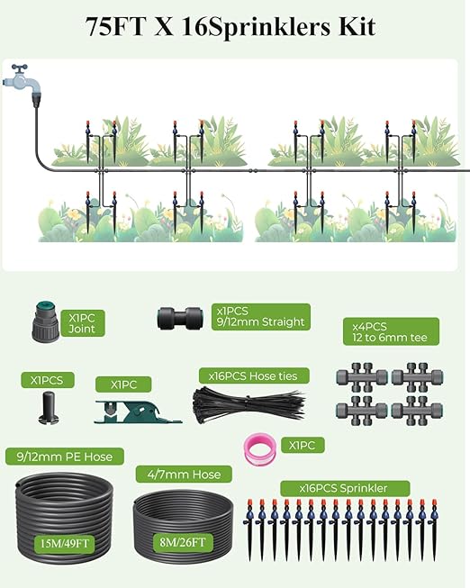 MYMULIKE 75FT Drip Irrigation System, Adjustable Drip Emitters, Upgraded Drip Irrigation Kit Automatic Irrigation Kit Garden Watering System for Flower Bed, Raised Beds, Lawn, Greenhouses