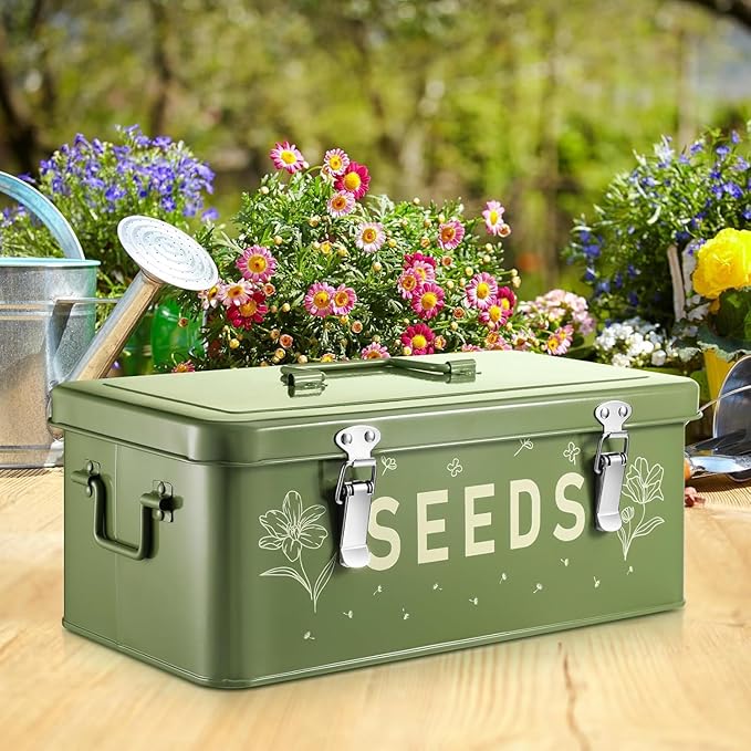 Seed Storage Organizer Box with 4 Compartments, Metal Seed Saving Container with Lockable Lid and Safety Locks, Includes 50 Envelopes, 100 Plant Labels, 50 Clips and Marker (Olive Green)