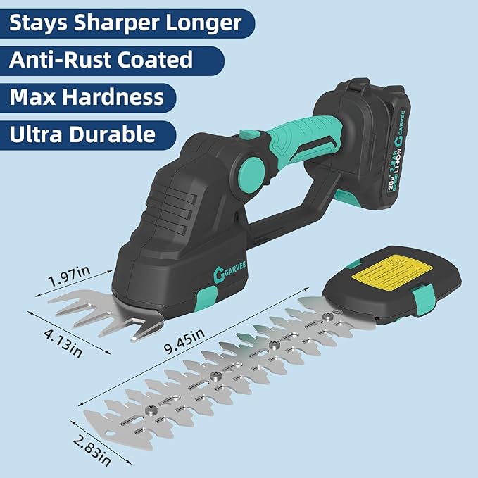 Garvee Cordless Hedge Trimmer with Battery - Grass Shear & Shrubbery Trimmer - 2 in 1 Handheld 20V Electric Grass Trimmer Hedge Shears Grass Cutter with 2 * 2.0Ah Batteries & Charge Base