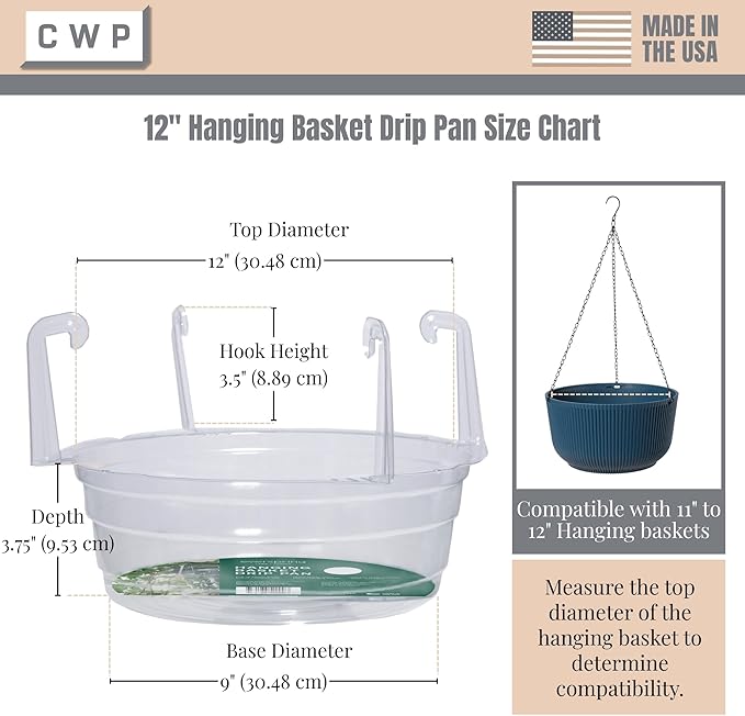 Curtis Wagner Plastics Hanging Basket Drip Pans (5-Pack) | Clear, Round (Diameter = Base 9", Top 12", Depth 3.75") Hanging Plant Tray Saucer with Built-in Hooks & Water Catcher for Indoor & Outdoor