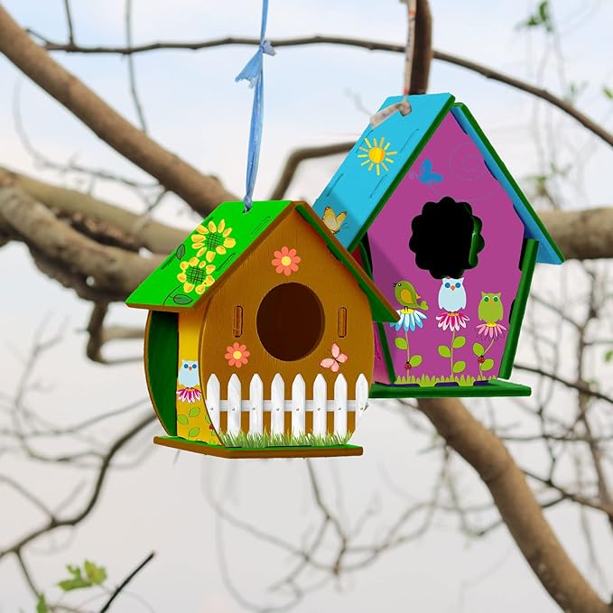 Sawysine 107 Pcs DIY Birdhouse Kits for Kids Ages 5-8 8-12, 48 Wooden Bird House Kits in 6 Shapes and 57 Butterfly Sticker for Children Summer Craft Art Activity, DIY Project(107,Multiple Entrance)