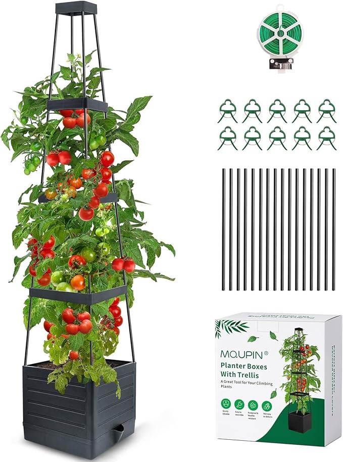 MQUPIN Self Watering Tomato Planter with Trellis, 57" Raised Garden Bed for Climbing Vegetables Vine Flowers, Tomato Cage Plant Support for Indoor Outdoor Patio Greenhouse (1 Pack)