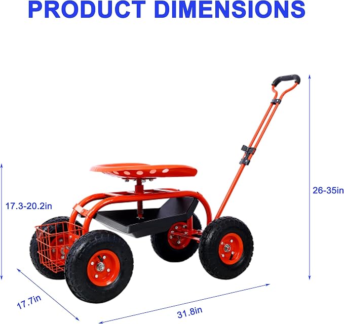 Heavy Duty Garden Cart Rolling Scooter with Adjustable Swivel Seat, 360° Rotation, 10" Pneumatic Tires, Extendable Steering Handle & Tool Basket – Outdoor Yard Gardening Seat with Storage Tray (Red)