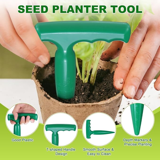 M METERXITY 1-Set Seed Planter Tool, Plastic Hand Dibber Garden Tool with Handle for Sowing Seeds/Transplanting/Planting Bulbs, Handheld Digging Hole Punch [Dark Green, with Plant Labels]