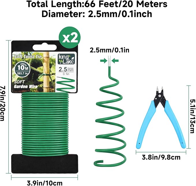 KINGLAKE Green Garden Wire with Pliers - 66 Feet 2.5mm Garden Ties Soft Plant Twist Ties Plant Wire for Climbing Plants Tomatoes Support Vines Vegetables Flowers Indoor & Outdoor Gardening Training