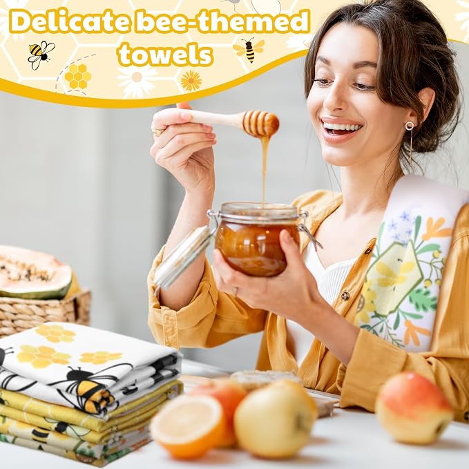 Oudain 6 Pcs Bee Kitchen Towels Honey Bee Kitchen Decor 15.8 x 23.6 Inches Dish Hand Tea Towels for Bathroom Home Housewarming Gifts