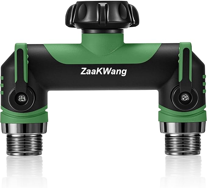 Garden Hose Splitter 2 Way, Heavy Duty Water Hose Spigot Bib Splitter, Outdoor Faucet Splitter with Shutoff Valve, T Adapter Connector with 3/4 - Inch GHT Thread (Green)