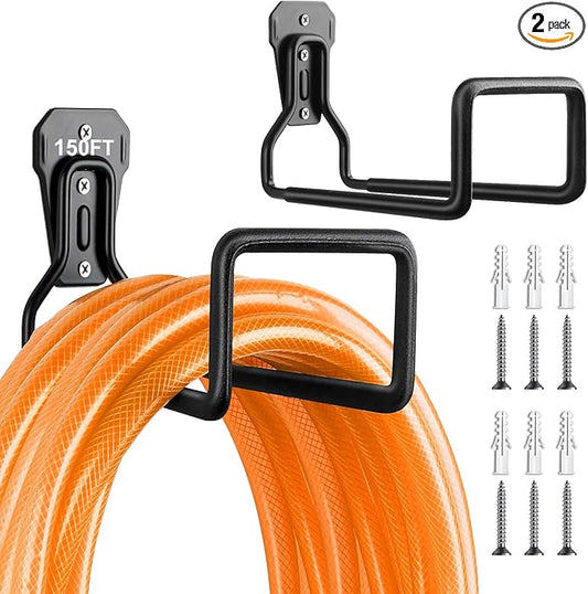 Hose Holder Stand Wall Mount, 2Pcs Heavy Duty Garden Hose Hanger Reel, Metal Water Pipe Tube Hooks Rack for Outside Yard, Garage, Storage Organizer - Black