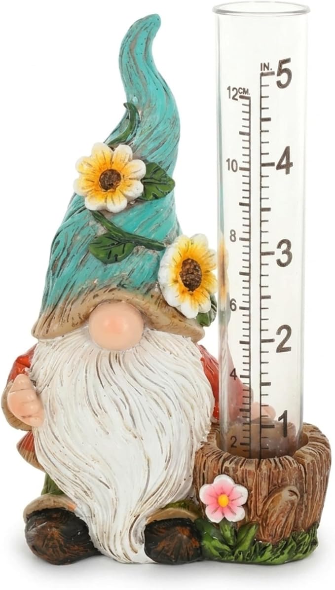 The Bridge Collection Cute Garden Gnome Rain Gauge (Green)