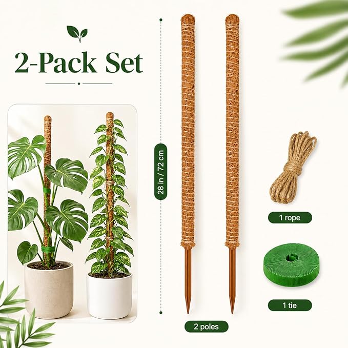 Moss Pole Monstera Plant Support, 2 Pack 28 inch Bendable Plant Support for Indoor Climbing Plants, Heavy-Duty Plant Trellis with Jute Rope & Straps