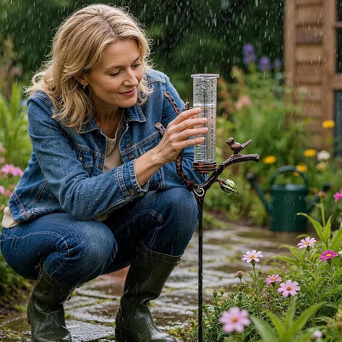 Outdoor Glass Rain Gauge with Stake Bird Shaped Yard Rainfall Measuring Tool 7 Inch