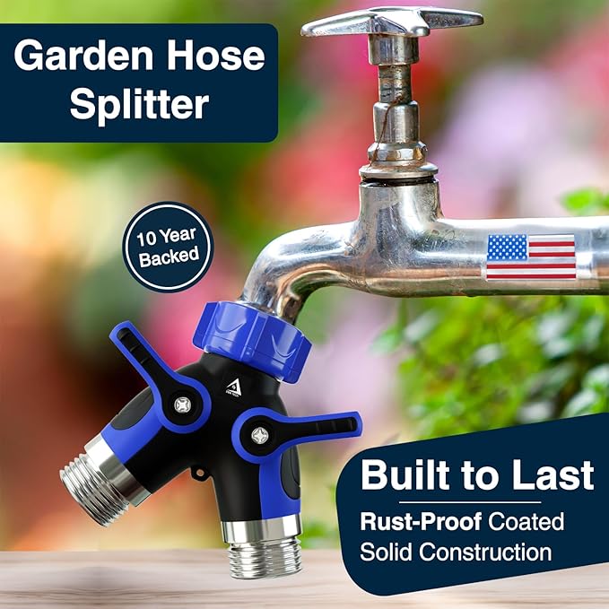 DBR Tech® Hose Splitter 2 Way, Heavy Duty Metal Connector, Two Way Garden Hose Splitter, High Flow Spigot Faucet Bib Adapter, Solid Double Y Shut Off Valve for Outdoor Gardening Hoses, Blue