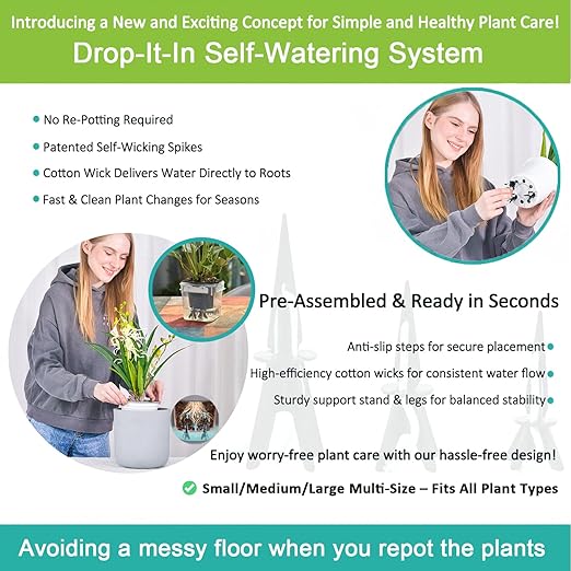 GreenShip 4 Pack Self Watering Planter Insert Watering Spikes, Watering Stakes with Wicking Rope, Plant Spikes for Indoor Outdoor Plants, Vacation Plant Watering Device for Large Planter (Height 17"+)