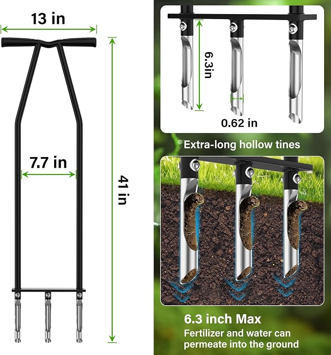 VASALAID Lawn Aerator Tool, Manual Core Lawn Aerator with 3 High Strength Stainless Steel Tines, Less Prone to Clogging Heavy Duty Grass Aerating Tool for Keep Your Lawn and Garden Healthy