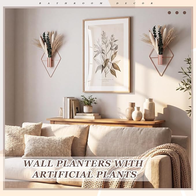 Canlierr 4 Pcs Rose Gold Wall Decor Hanging Planters with Artificial Plants Eucalyptus Pampas Grass Metal Hanging Vase Indoor Plants Holder Modern Boho Wall Art for Bathroom Bedroom Living Room Decor