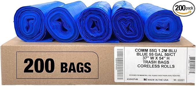 Ultrasac Heavy Duty 55 Gallon Blue Trash Bags - (Value 200 Pack) - 1.5 MIL equivalent Industrial Strength Plastic 37" x 54" for 50-55 Gal Cans -Fits Toter, Rubbermaid Brute, Carlislie Bronco etc.