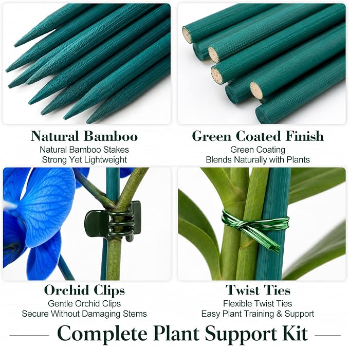 30 Pcs Plant Support Stakes Kit 15 Inch Bamboo Plant Stakes with 50 Pieces Orchid Clips Plastic Garden Plants Clips, 30 Pcs Metallic Twist Ties for Garden Supporting Stems Vines Stalks Grow Upright