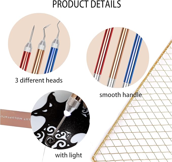 3PCS LED Weeding Tools for Vinyl with Light with Pin and Hook Lighted Pin Pen Weeding Tool for Removing Iron on Tiny Vinyl Paper Silhouette Cutting Machines Supply (Blue/Red/Rose Gold)