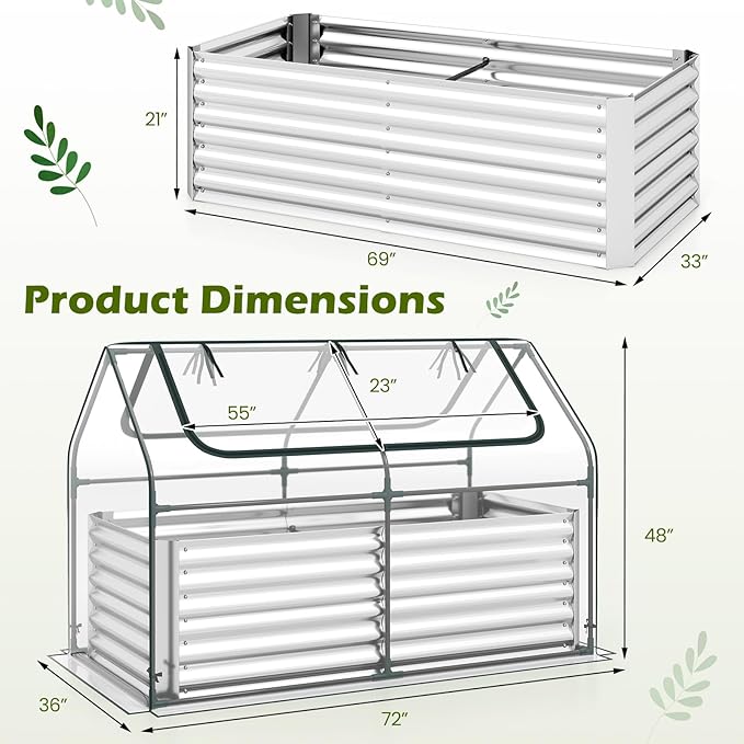 Giantex 3-in-1 Metal Raised Garden Bed with Greenhouse Cover, 6x3x4 FT Galvanized Elevated Outdoor Planter Box with Roll-Up Windows, Open Base Grow Box for Vegetables, Flowers and Herbs, Silver